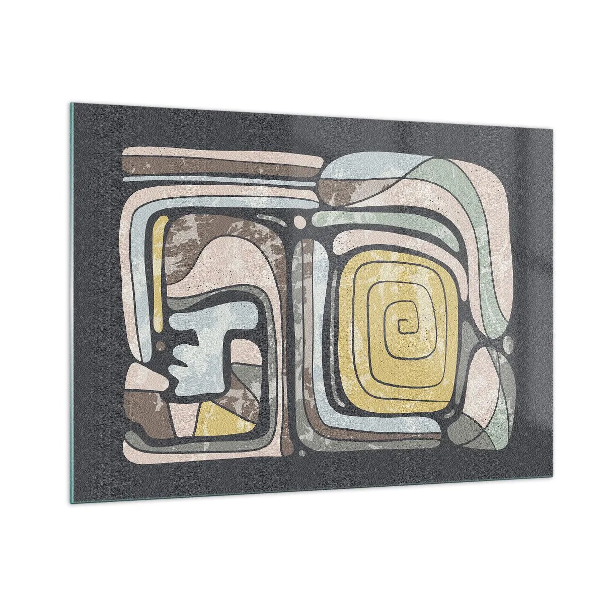 Glasbild - Bild auf glas - Geometrische Abstraktion in erdigen Farben auf schwarzem Hintergrund - 100x70cm - Abstraktion im präkolumbianischen Geist - Moderne Wanddekoration für Wohnzimmer und Schlafzimmer ARTTOR