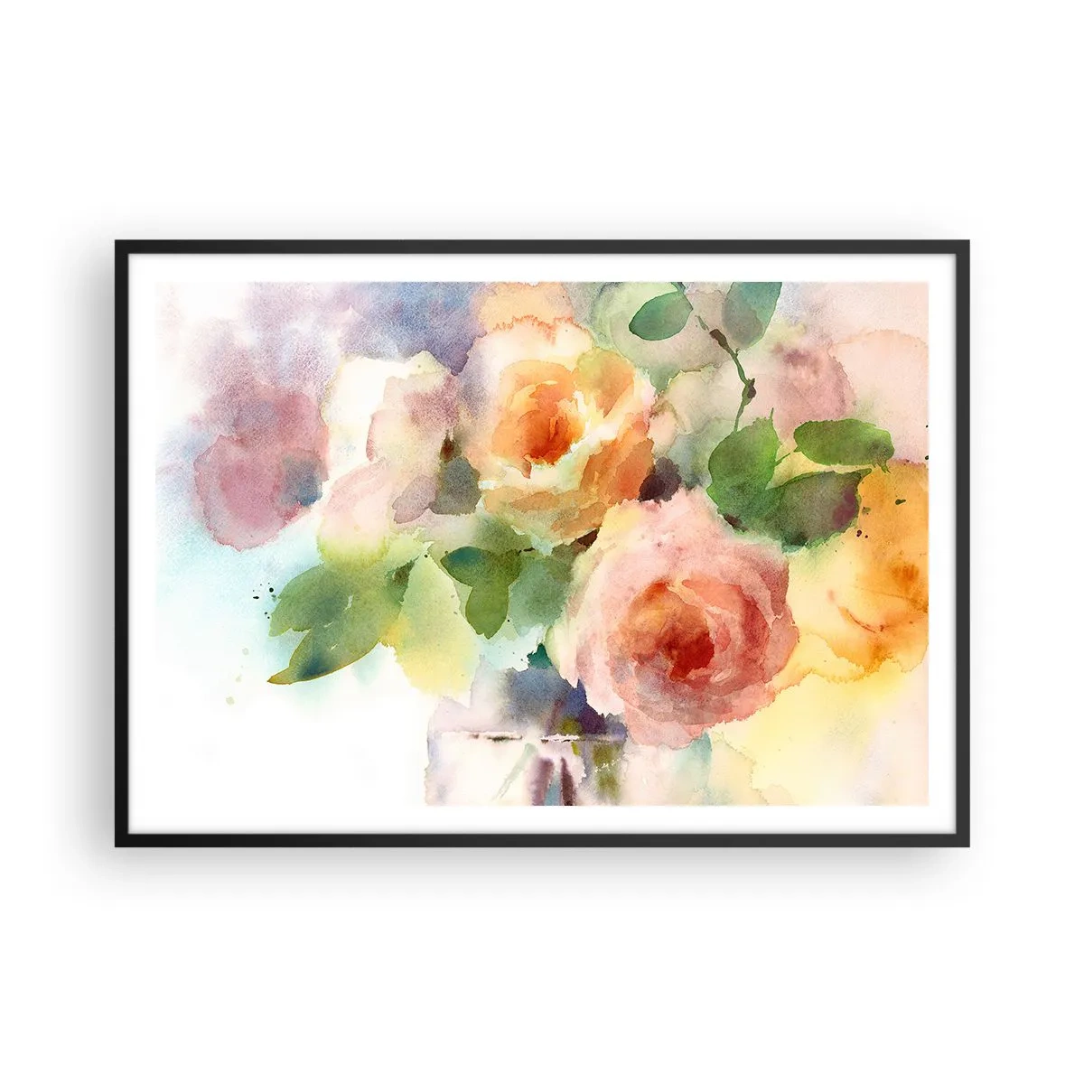 Poster in einem schwarzem Rahmen - Zarte Rosen im Aquarell-Stil auf hellem Hintergrund - 100x70cm - Zart wie Aquarell - Moderne Wanddekoration für Wohnzimmer und Schlafzimmer ARTTOR