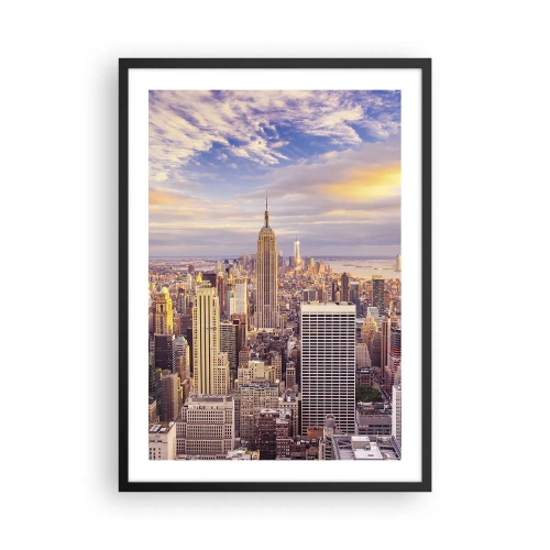 Poster in einem schwarzem Rahmen - New York City-Panorama vom Empire State Building bei Sonnenuntergang - 50x70cm - Nur nach den Wolken greifen - Moderne Wanddekoration für Wohnzimmer und Schlafzimmer ARTTOR