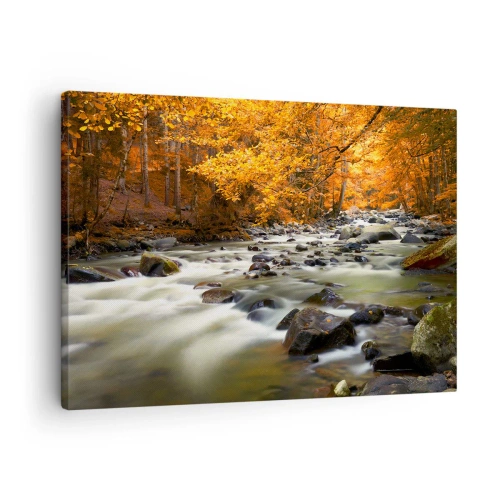 Bild auf Leinwand - Leinwandbild - Ein Bach in einem herbstlichen Wald, umgeben von goldenen Blättern - 70x50cm - Ein Bach in einem goldenen Wald - Moderne Wanddekoration für Wohnzimmer und Schlafzimmer ARTTOR