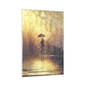 Glasbild - Bild auf glas - Eine Figur mit einem Regenschirm in einer nebligen Landschaft voller Reflexionen - 80x120cm - Ich habe das Gefühl, dass mich jemand ansieht - Moderne Wanddekoration für Wohnzimmer und Schlafzimmer ARTTOR
