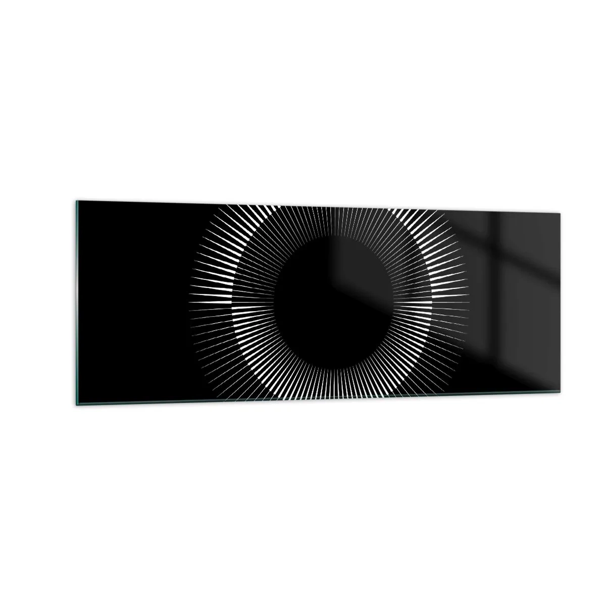 Glasbild - Bild auf glas - Grafischer Kreis mit Strahlen in Schwarz und Weiß - 140x50cm - Schwarze Sonne - Moderne Wanddekoration für Wohnzimmer und Schlafzimmer ARTTOR