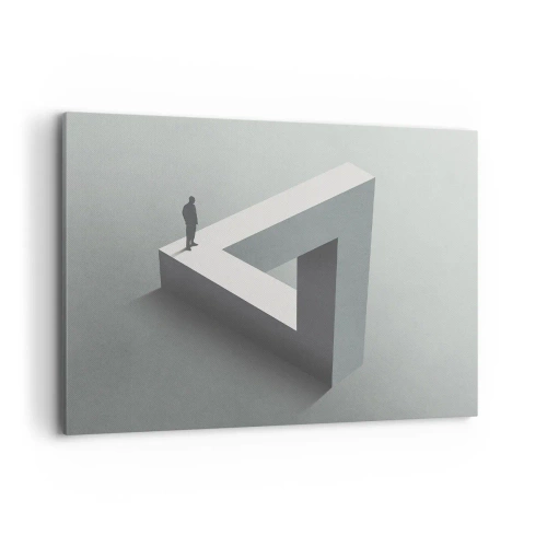 Bild auf Leinwand - Leinwandbild - Eine Figur, die auf einem Penrose-Dreieck in Grautönen steht. - 100x70cm - Es ist also doch möglich - Moderne Wanddekoration für Wohnzimmer und Schlafzimmer ARTTOR