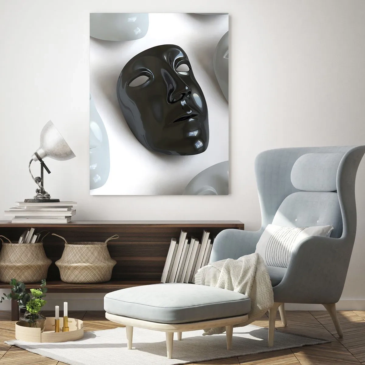 Glasbild - Bild auf glas - Eine schwarz-weiße Maske vor einem Hintergrund aus weißen Masken auf hellem Hintergrund - 50x70cm - Wie hebt man sich ab? - Moderne Wanddekoration für Wohnzimmer und Schlafzimmer ARTTOR