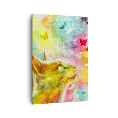 Bild auf Leinwand - Leinwandbild - Eine Katze umgeben von bunten Schmetterlingen - 70x100cm - Baju-baju im Katzenparadies - Moderne Wanddekoration für Wohnzimmer und Schlafzimmer ARTTOR