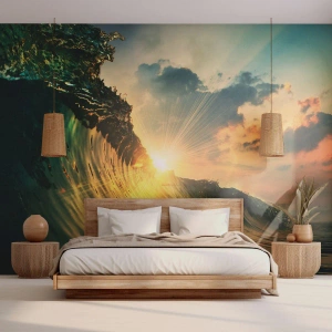 Fototapete Premium Sand - Sonnenuntergang über der Meereswelle im goldenen Licht - 100x70cm - Surfer, wo bist du? - Moderne Wanddekoration für Wohnzimmer und Schlafzimmer ARTTOR