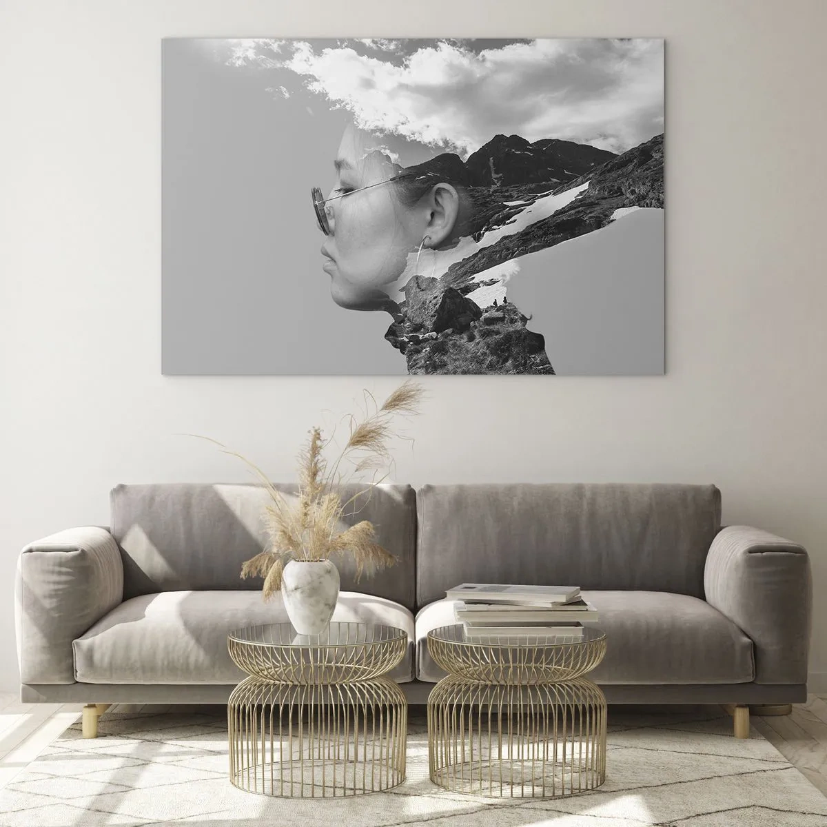 Glasbild - Bild auf glas - Ein kreatives Doppelbelichtungsporträt mit einer Berglandschaft und Wolken - 120x80cm - Top und bewölktes Porträt - Moderne Wanddekoration für Wohnzimmer und Schlafzimmer ARTTOR