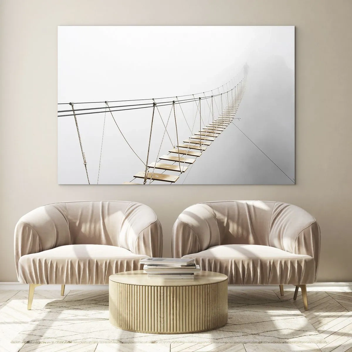 Glasbild - Bild auf glas - Eine Hängebrücke im Nebel, die ins Ungewisse führt - 70x50cm - Wohin wird es dich führen? - Moderne Wanddekoration für Wohnzimmer und Schlafzimmer ARTTOR