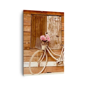 Bild auf Leinwand - Leinwandbild - Ein Fahrrad mit einem Korb voller Rosen vor einer Holzwand - 70x100cm - Ich komme gleich wieder - Moderne Wanddekoration für Wohnzimmer und Schlafzimmer ARTTOR