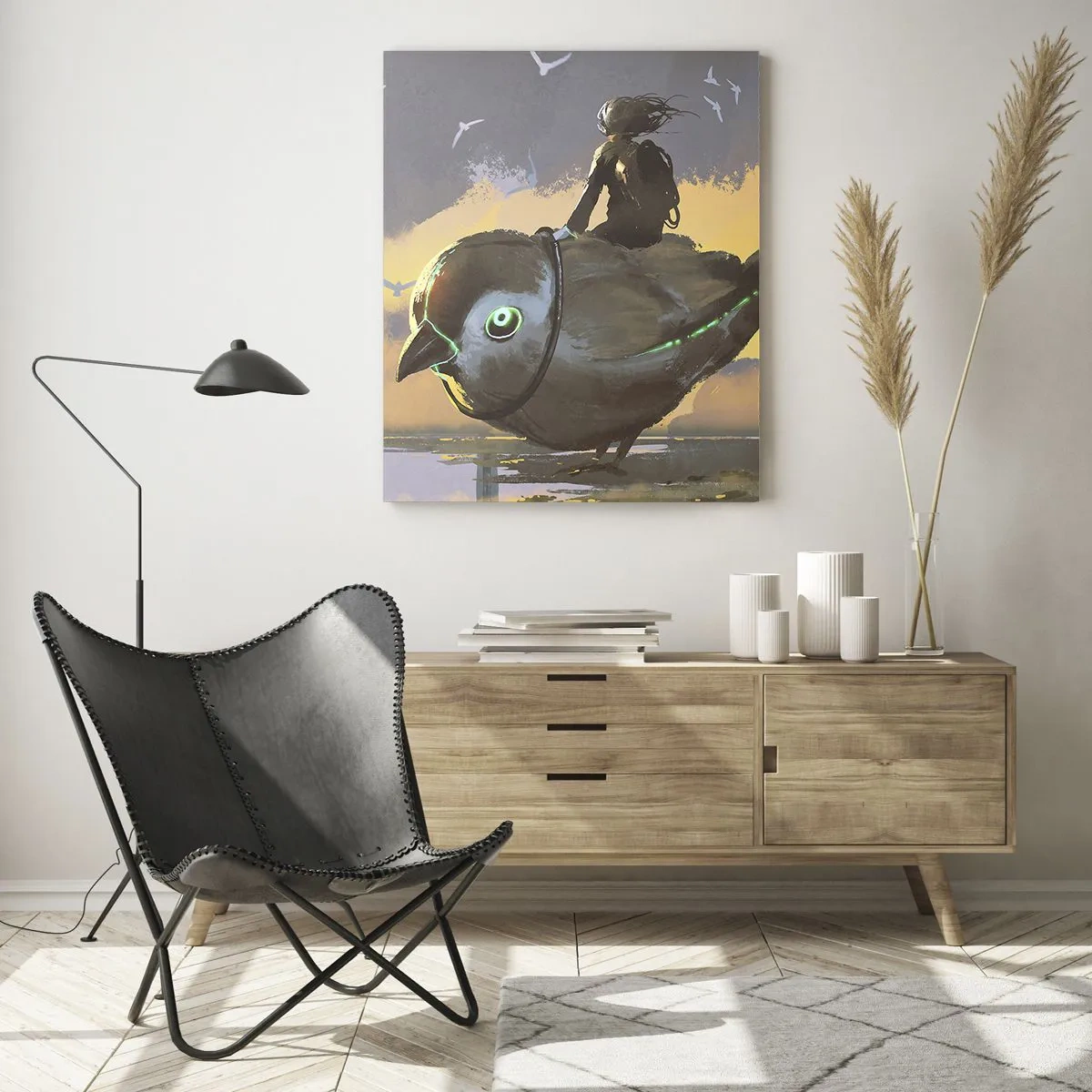 Glasbild - Bild auf glas - Eine Figur auf einem riesigen Vogel im Licht der untergehenden Sonne - 50x70cm - Ein Stopp auf einer fantastischen Reise - Moderne Wanddekoration für Wohnzimmer und Schlafzimmer ARTTOR