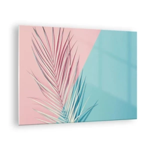 Glasbild - Bild auf glas - Ein Palmblatt auf pastellfarbenem Hintergrund in einer geometrischen Komposition - 70x50cm - Tropischer Eindruck - Moderne Wanddekoration für Wohnzimmer und Schlafzimmer ARTTOR