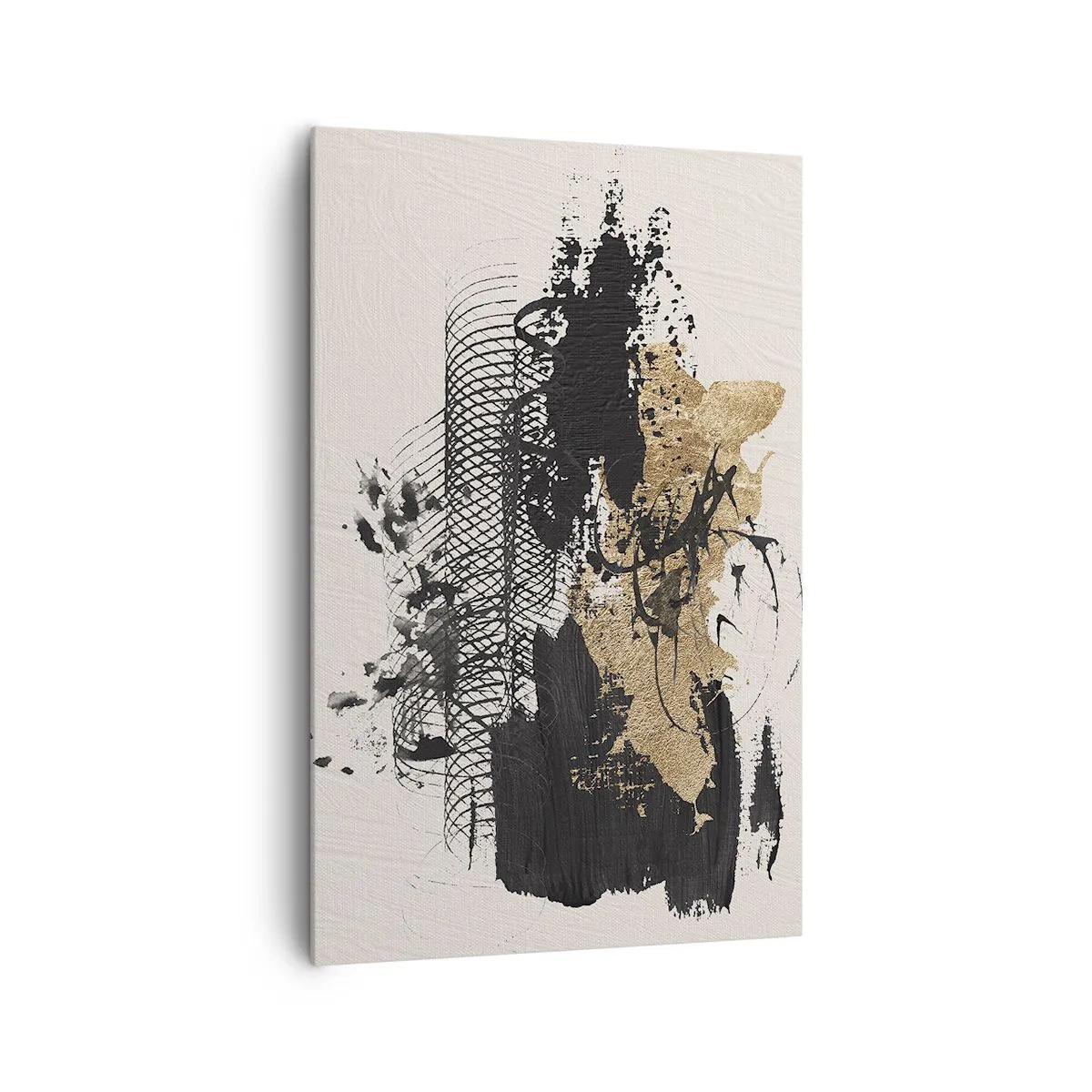 Bild auf Leinwand - Leinwandbild - Ein abstraktes Gemälde in Schwarz und Gold mit dynamischen Linien und Strukturen. - 80x120cm - Komposition mit Leidenschaft - Moderne Wanddekoration für Wohnzimmer und Schlafzimmer ARTTOR