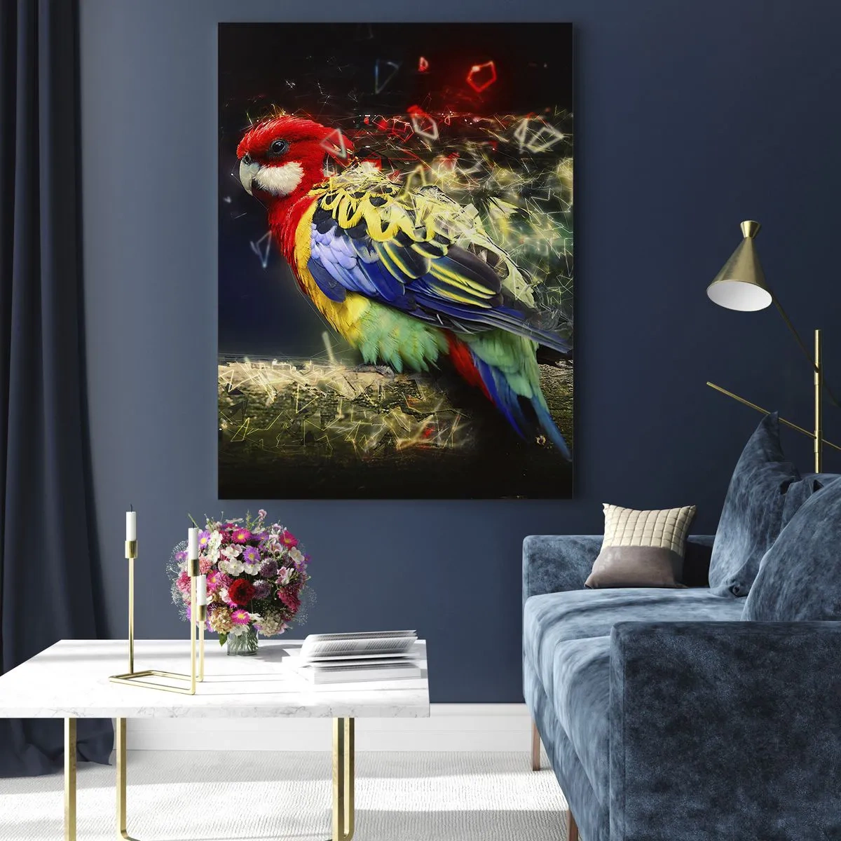 Glasbild - Bild auf glas - Ein Papagei in leuchtenden Farben vor einem Hintergrund aus Lichteffekten - 80x120cm - Botschafter des Strahlens - Moderne Wanddekoration für Wohnzimmer und Schlafzimmer ARTTOR