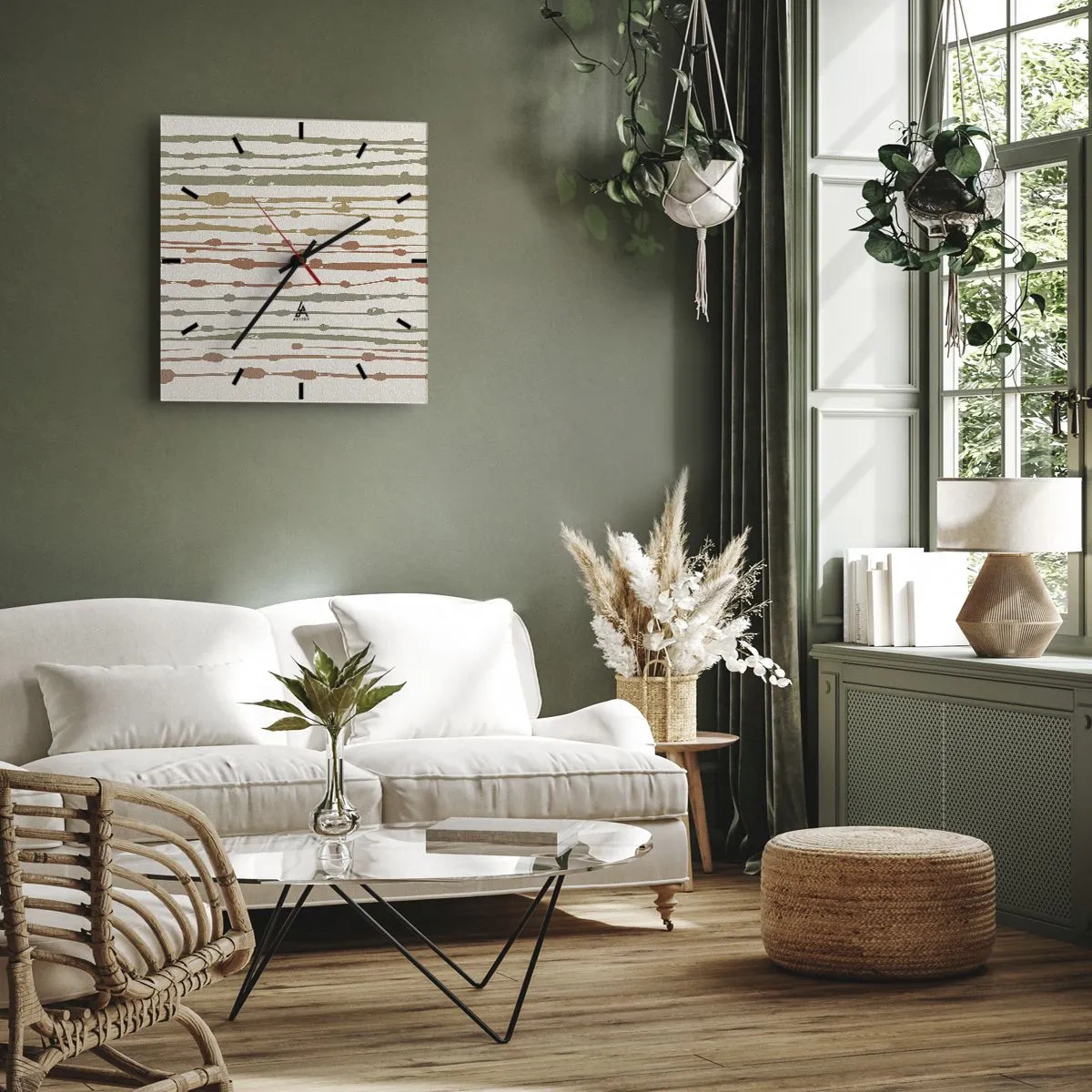 Wanduhr - Glasuhr - Ein Linienmuster in warmen Farbtönen auf hellem Hintergrund - 30x30cm - Musikalische Notation von Farben - Moderne Wanddekoration für Wohnzimmer und Schlafzimmer ARTTOR