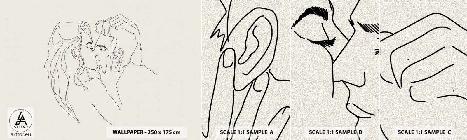 Fototapeten Muster Selbstklebend Deluxe Sticker - Verstrickt im Gefühl - Grafik, Verliebtes Pärchen, Kuss - 100x30 cm