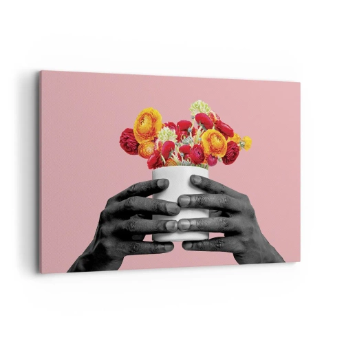 Bild auf Leinwand - Leinwandbild - Hände halten einen Strauß bunter Blumen - 100x70cm - Die Apotheose des Lebens - Moderne Wanddekoration für Wohnzimmer und Schlafzimmer ARTTOR