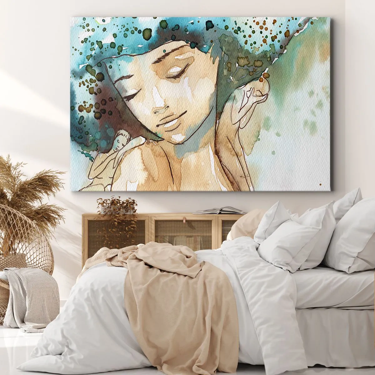Bild auf Leinwand - Leinwandbild - Porträt einer Frau in zarten Aquarellfarben - 70x50cm - Dame in Blau - Moderne Wanddekoration für Wohnzimmer und Schlafzimmer ARTTOR