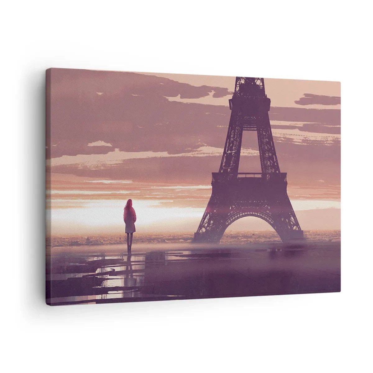 Bild auf Leinwand - Leinwandbild - Eine Figur, die im Licht der untergehenden Sonne auf den Eiffelturm blickt - 70x50cm - Nur zwei davon - Moderne Wanddekoration für Wohnzimmer und Schlafzimmer ARTTOR