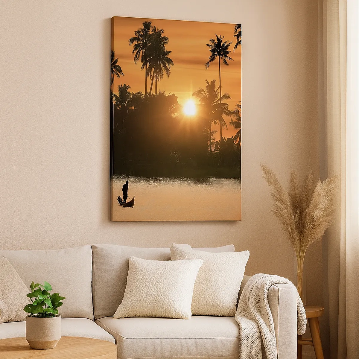 Bild auf Leinwand - Leinwandbild - Sonnenuntergang über Palmen und einem ruhigen See mit einem Boot - 50x70cm - Zeit zum Entspannen - Moderne Wanddekoration für Wohnzimmer und Schlafzimmer ARTTOR