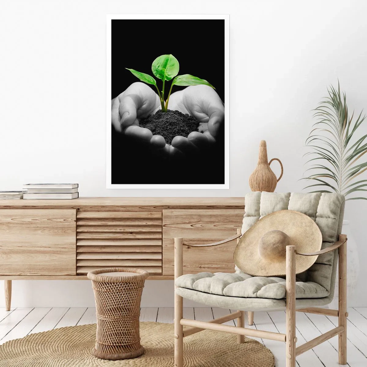 Poster - Eine Pflanze in den Händen symbolisiert Leben und Natur - 50x70cm - Ich liebe die Natur, ich beschütze sie - Moderne Wanddekoration für Wohnzimmer und Schlafzimmer ARTTOR