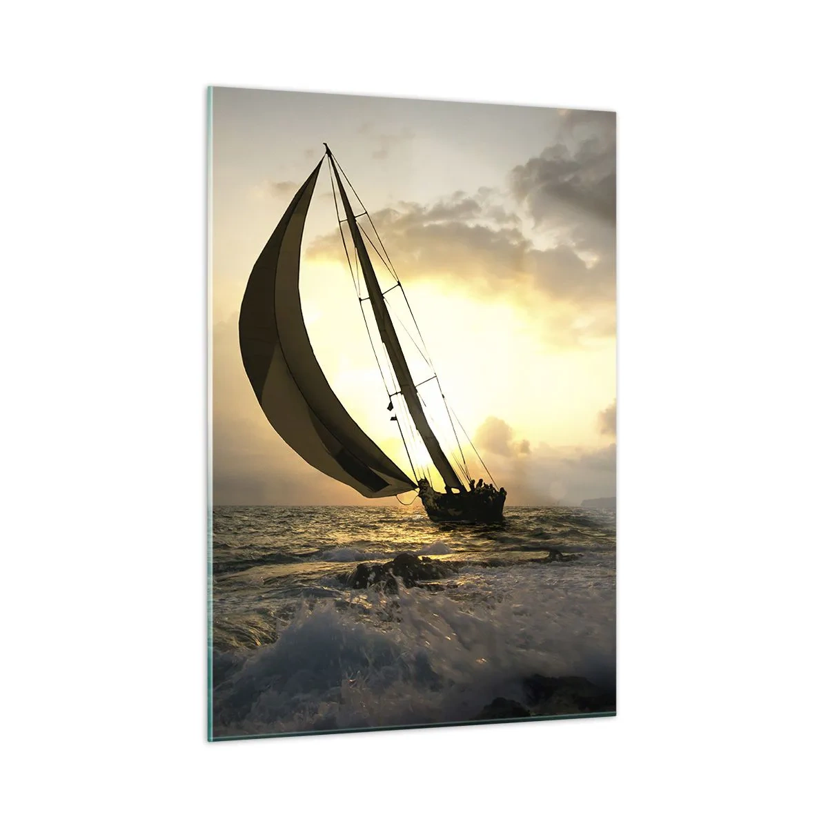 Glasbild - Bild auf glas - Segelboote in stürmischer See bei Sonnenuntergang - 50x70cm - Mit dem Wind und gegen den Wind - Moderne Wanddekoration für Wohnzimmer und Schlafzimmer ARTTOR