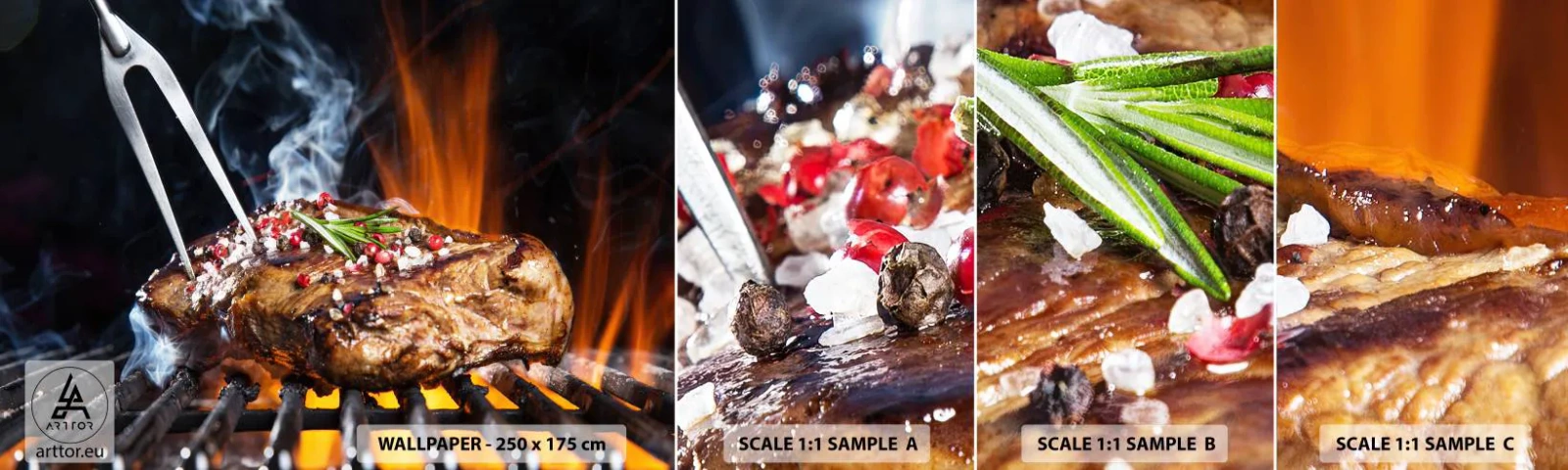 Fototapeten Muster Selbstklebend Deluxe Sticker - Saftig und duftend - Gastronomie, Steak, Grill - 100x30 cm