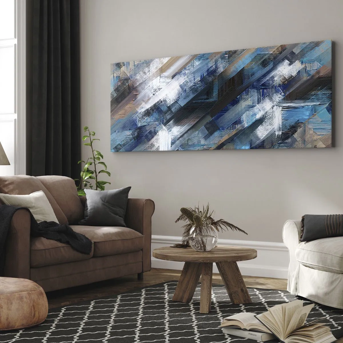 Bild auf Leinwand - Leinwandbild - Abstrakte Komposition mit blauen diagonalen Linien - 140x50cm - Auf einer blauen Diagonale - Moderne Wanddekoration für Wohnzimmer und Schlafzimmer ARTTOR