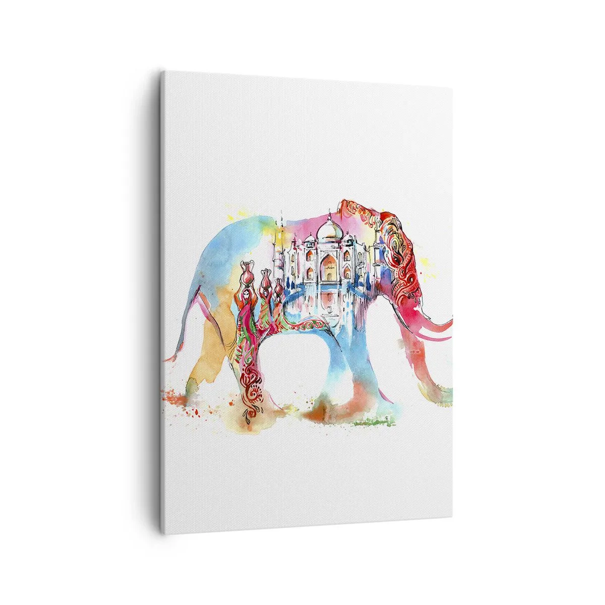 Bild auf Leinwand - Leinwandbild - Farbenfrohes Aquarell eines Elefanten mit Taj Mahal-Motiv - 50x70cm - Indien – die Aura der Liebe - Moderne Wanddekoration für Wohnzimmer und Schlafzimmer ARTTOR