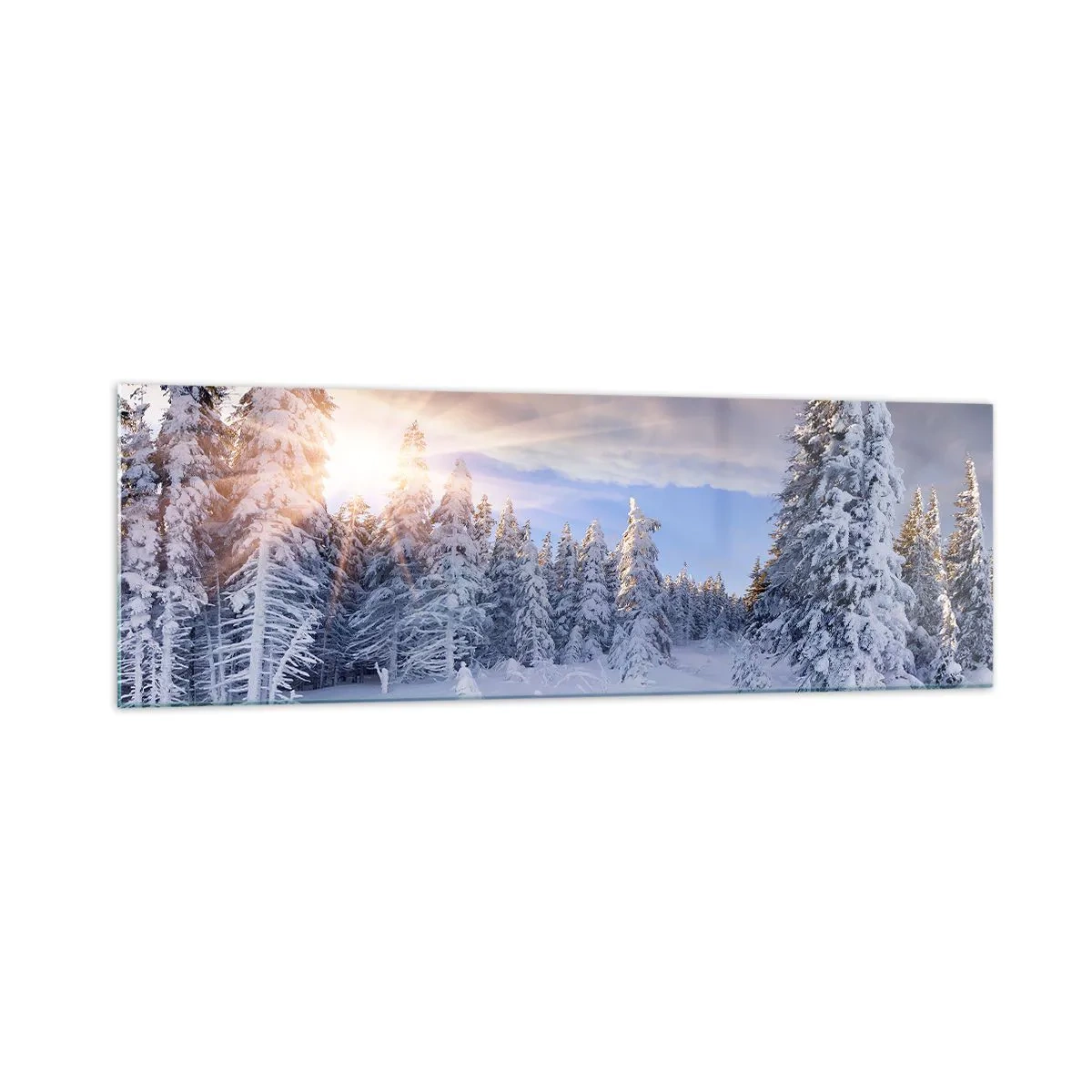 Glasbild - Bild auf glas - Winterlandschaft mit schneebedecktem Wald bei Sonnenuntergang - 160x50cm - Ein verschneites Naturschauspiel - Moderne Wanddekoration für Wohnzimmer und Schlafzimmer ARTTOR