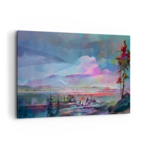 Bild auf Leinwand - Leinwandbild - Berglandschaft mit buntem Himmel und einem Dorf - 100x70cm - Unter einem wohlwollenden Himmel - Moderne Wanddekoration für Wohnzimmer und Schlafzimmer ARTTOR