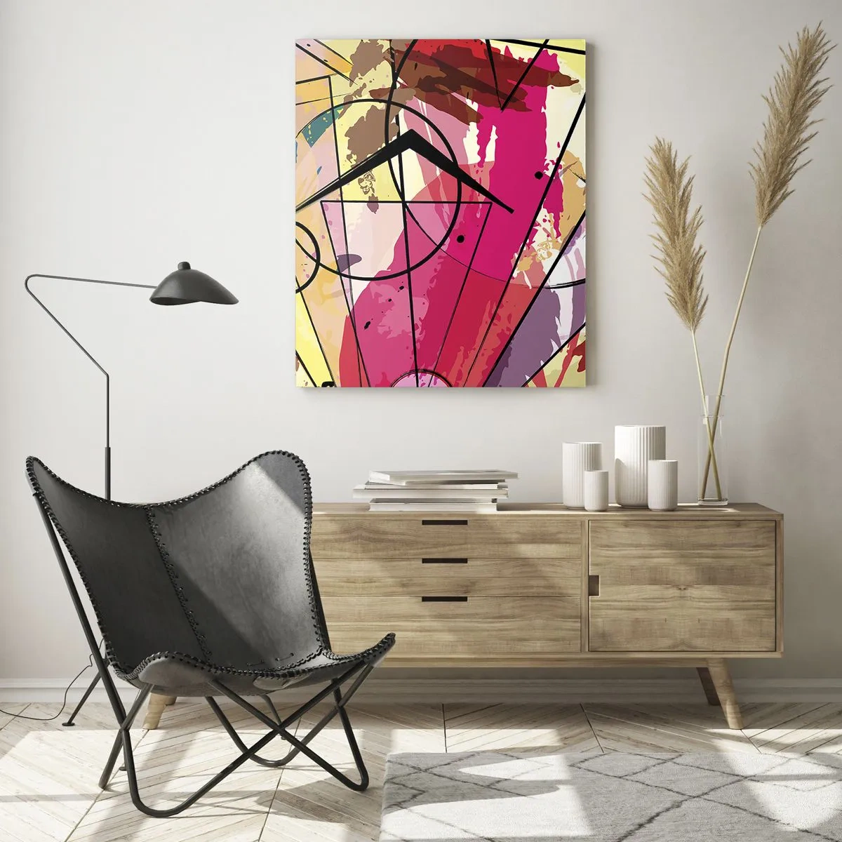Glasbild - Bild auf glas - Bunte Abstraktion mit geometrischen Mustern und Linien - 50x70cm - Explosion - Moderne Wanddekoration für Wohnzimmer und Schlafzimmer ARTTOR