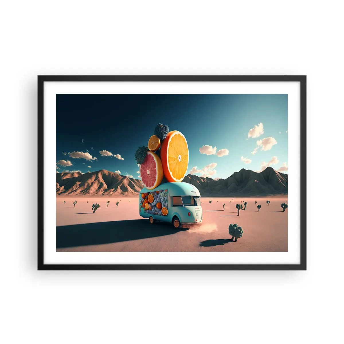 Poster in einem schwarzem Rahmen - Obstwagen in einer Wüstenlandschaft - 70x50cm - Geschmack von Urlaub - Moderne Wanddekoration für Wohnzimmer und Schlafzimmer ARTTOR