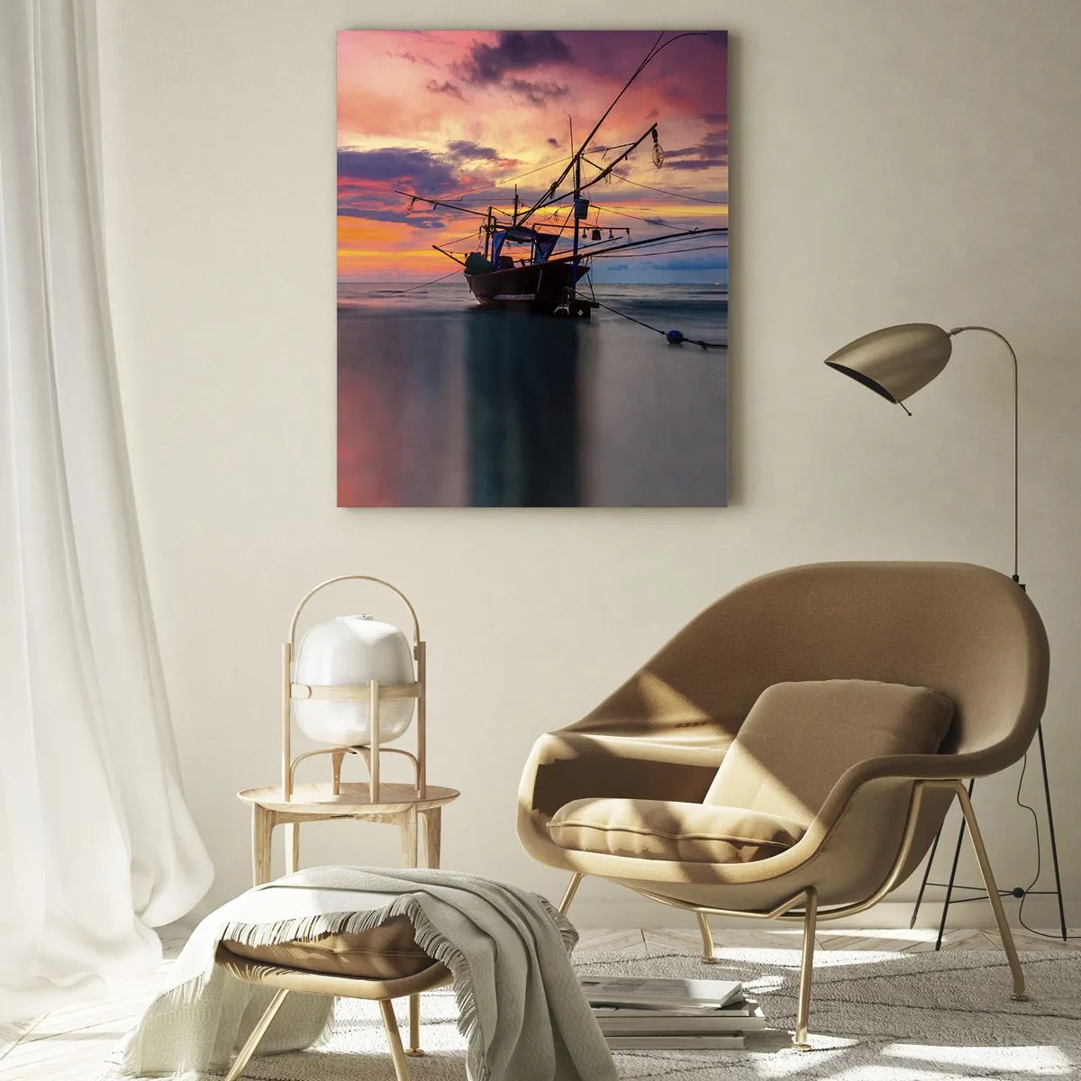 Glasbild - Bild auf glas - Ein Fischerboot vor der Kulisse eines farbenfrohen Sonnenuntergangs - 70x100cm - Exotischer Abend - Moderne Wanddekoration für Wohnzimmer und Schlafzimmer ARTTOR