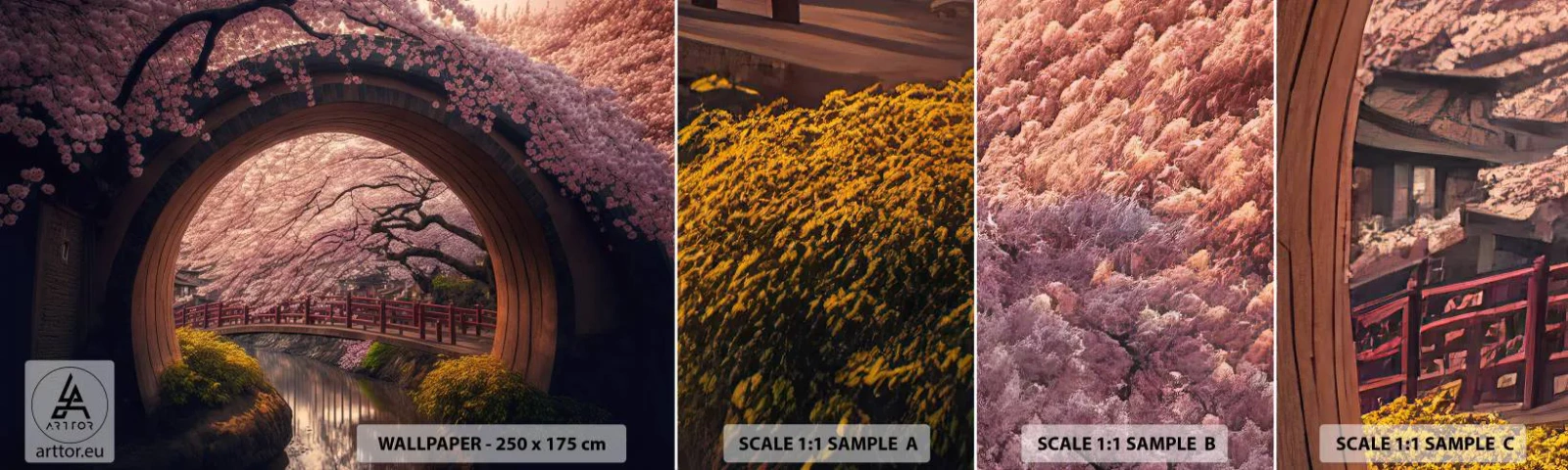 Fototapetenmuster Standard Eco - Japanischer Frühling - Brücke, Japan, Japanische Kirsche - 100x30 cm