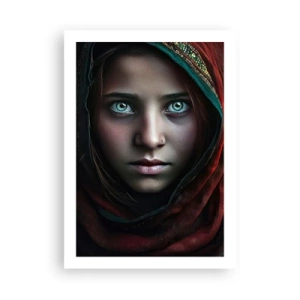 Poster - Porträt eines Mädchens in einem roten Schal mit hypnotisierenden Augen - 50x70cm - Prinzessin aus dem Osten - Moderne Wanddekoration für Wohnzimmer und Schlafzimmer ARTTOR
