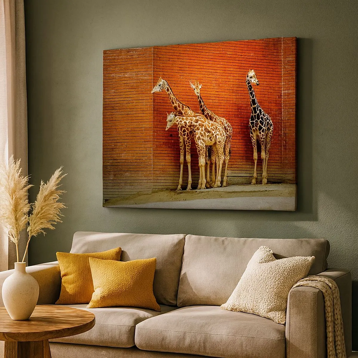Bild auf Leinwand - Leinwandbild - Vier Giraffen vor einer Ziegelwand in künstlerischer Umgebung - 70x50cm - Sehen Sie Akazien? - Moderne Wanddekoration für Wohnzimmer und Schlafzimmer ARTTOR