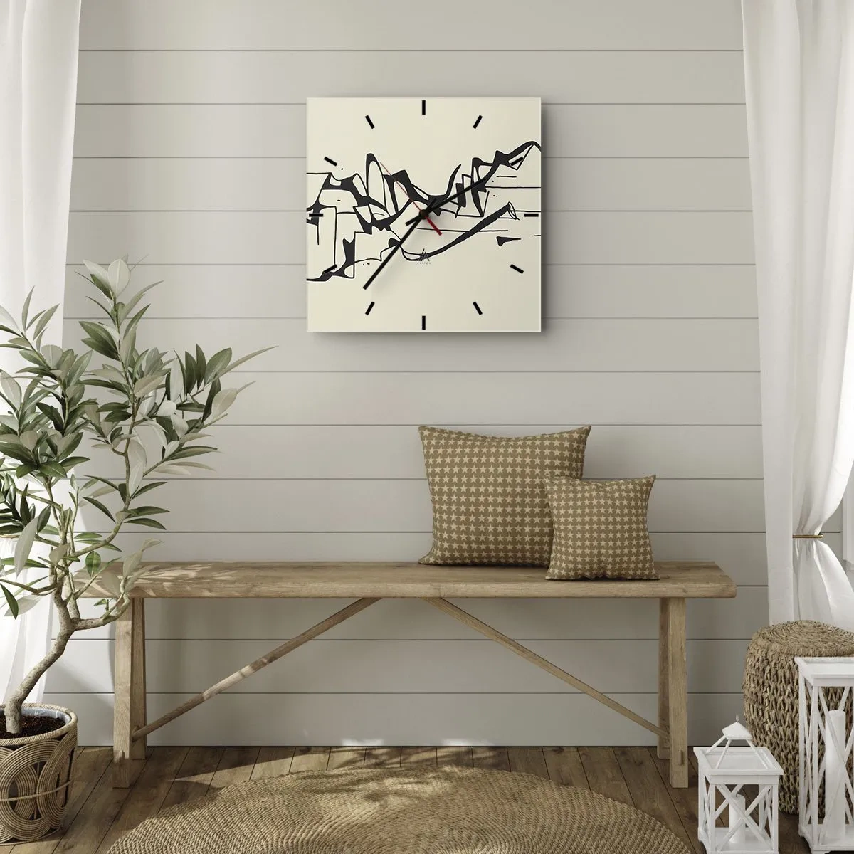 Wanduhr - Glasuhr - Abstrakte Zeichnung von Bergen in Schwarz und Weiß - 30x30cm - Vielleicht eine Landschaft - Moderne Wanddekoration für Wohnzimmer und Schlafzimmer ARTTOR