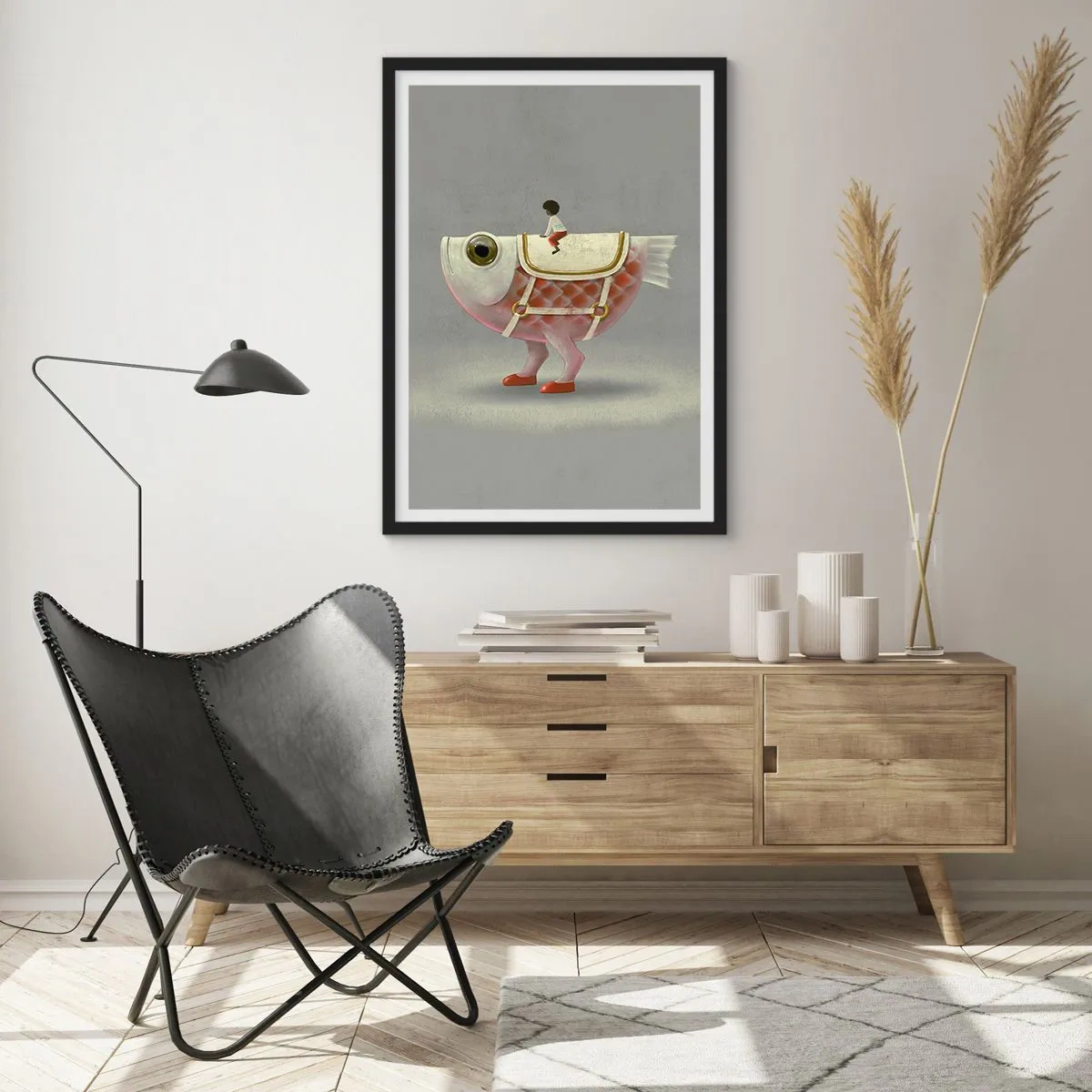 Poster in einem schwarzem Rahmen - Reiter auf einem surrealen Fisch - 30x40 cm