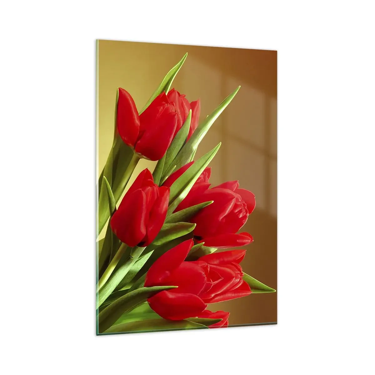 Glasbild - Bild auf glas - Ein Strauß roter Tulpen auf goldenem Hintergrund mit grünen Blättern. - 80x120cm - Ein Haufen Frühlingsfreude - Moderne Wanddekoration für Wohnzimmer und Schlafzimmer ARTTOR