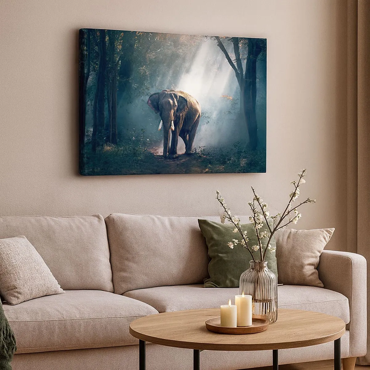Bild auf Leinwand - Leinwandbild - Elefant im Waldlicht - 70x50cm - Ein gemütlicher Spaziergang - Moderne Wanddekoration für Wohnzimmer und Schlafzimmer ARTTOR