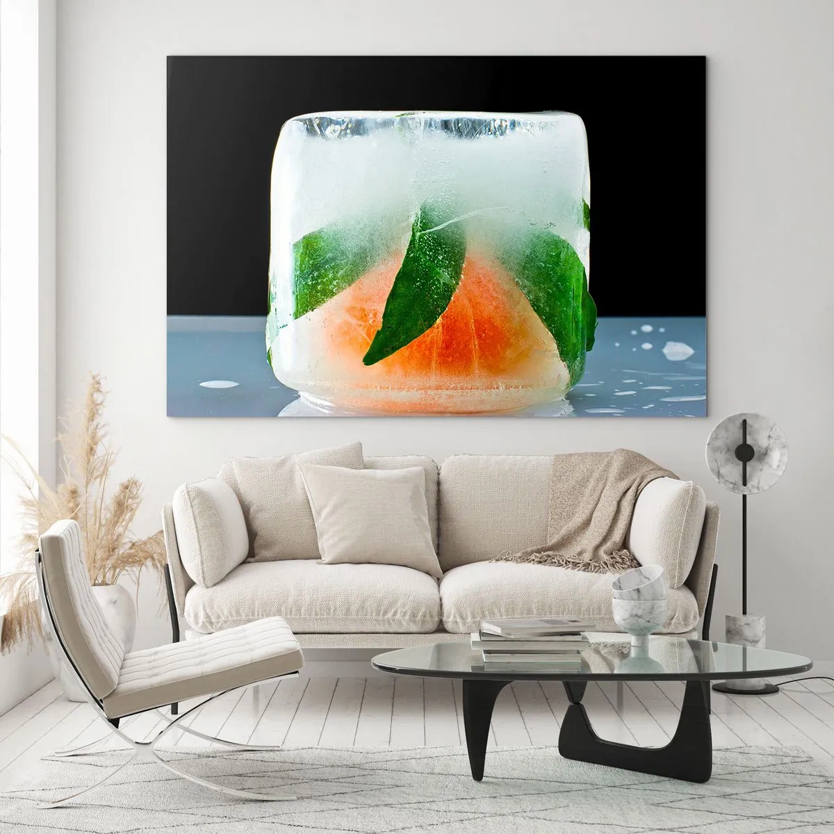 Glasbild - Bild auf glas - Früchte und Blätter in klarem Eis eingefroren - 70x50cm - Frisch und kühl - Moderne Wanddekoration für Wohnzimmer und Schlafzimmer ARTTOR