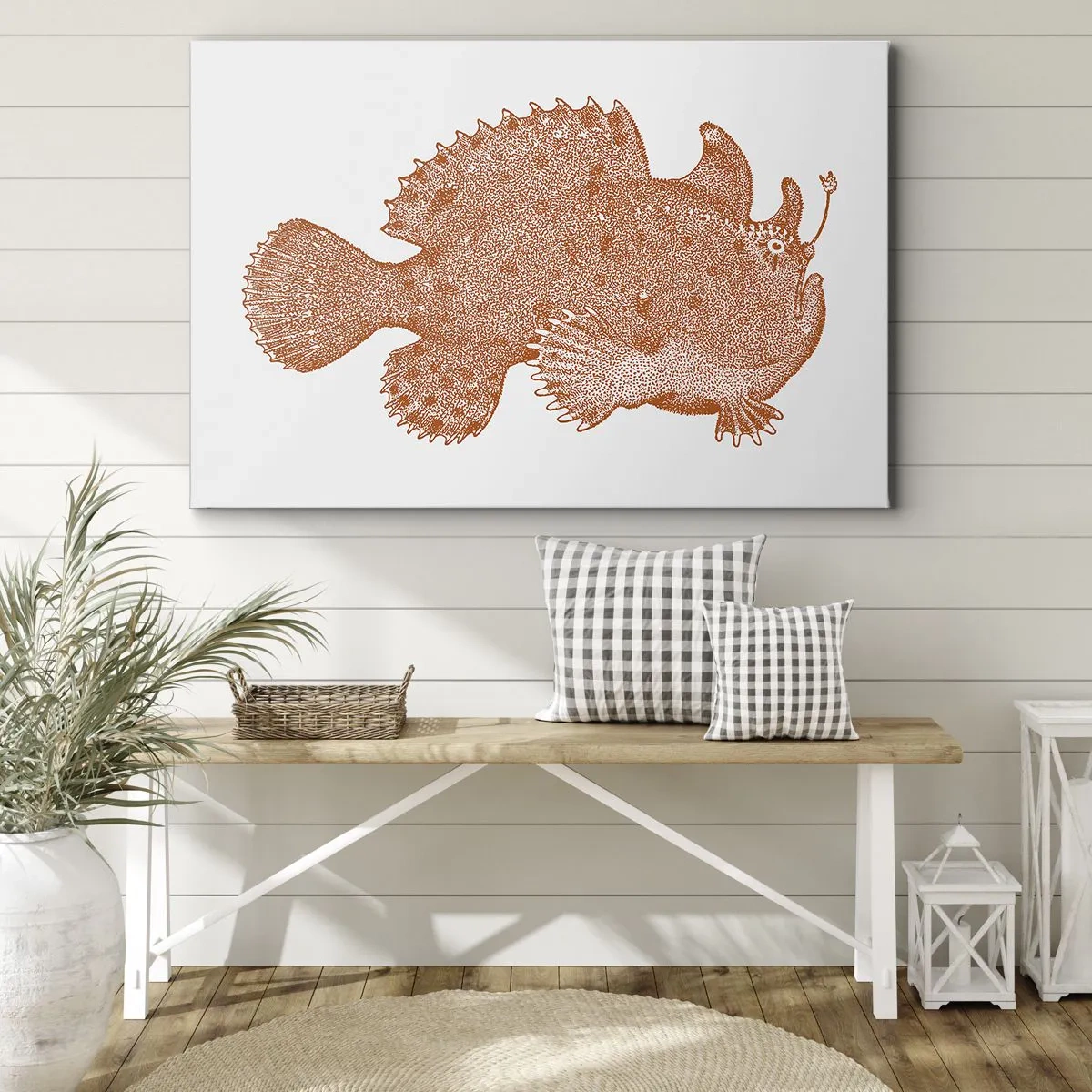 Bild auf Leinwand - Leinwandbild - Detaillierte Zeichnung eines kupferfarbenen Fisches auf weißem Hintergrund - 70x50cm - Es ist also doch ein Fisch - Moderne Wanddekoration für Wohnzimmer und Schlafzimmer ARTTOR