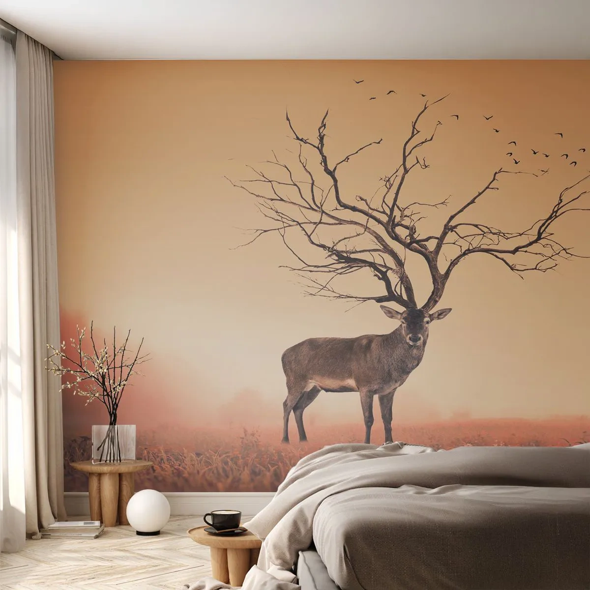 Fototapete Premium Sand - Ein Hirsch mit verzweigtem Geweih vor dem Hintergrund nebliger Felder - 100x70cm - Prajelen - der ewige Geist des Waldes - Moderne Wanddekoration für Wohnzimmer und Schlafzimmer ARTTOR