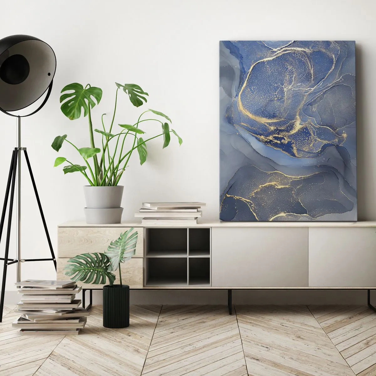 Bild auf Leinwand - Leinwandbild - Abstrakte blaue Muster mit goldenen Akzenten - 80x120cm - Goldstaub - Moderne Wanddekoration für Wohnzimmer und Schlafzimmer ARTTOR