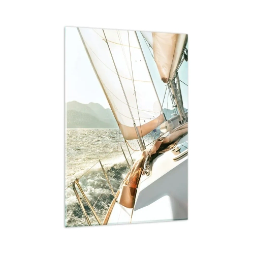 Glasbild - Bild auf glas - Eine Yacht auf offener See mit Blick auf die Berge - 80x120cm - Unter vollen Segeln - Moderne Wanddekoration für Wohnzimmer und Schlafzimmer ARTTOR