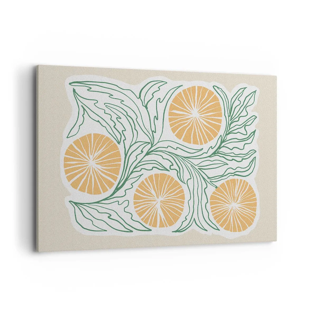 Bild auf Leinwand - Leinwandbild - Ein minimalistisches orangefarbenes Motiv mit grünen Blättern - 120x80cm - Ethnisch mit einem Hauch von Abstraktion - Moderne Wanddekoration für Wohnzimmer und Schlafzimmer ARTTOR