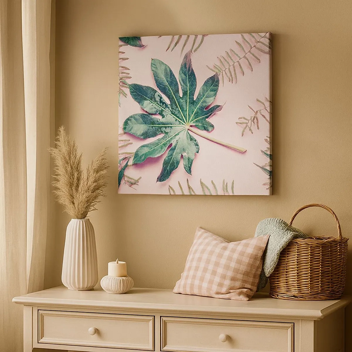 Bild auf Leinwand - Leinwandbild - Eine Studie von Grün auf einem rosa Hintergrund - 30x30 cm