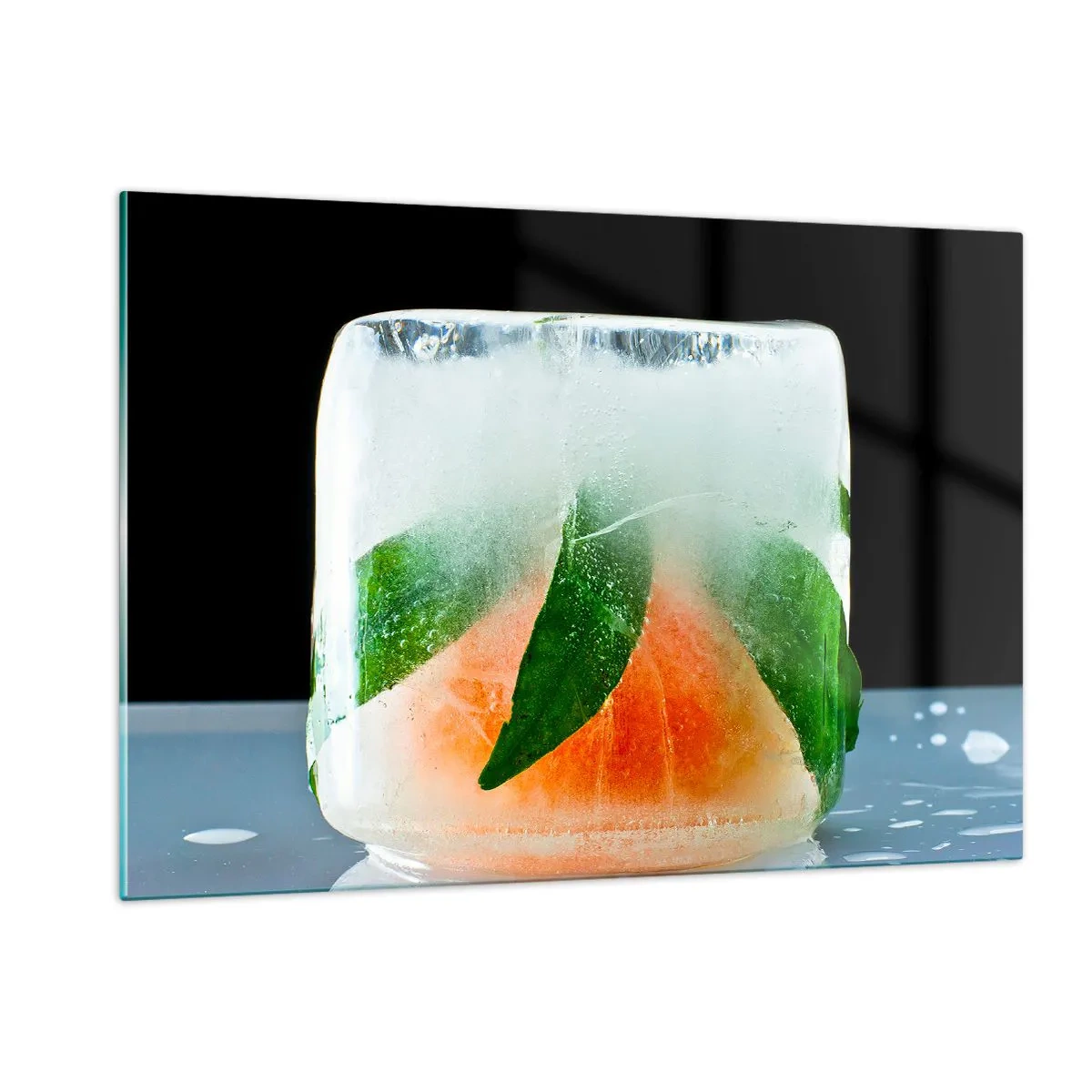 Glasbild - Bild auf glas - Früchte und Blätter in klarem Eis eingefroren - 120x80cm - Frisch und kühl - Moderne Wanddekoration für Wohnzimmer und Schlafzimmer ARTTOR
