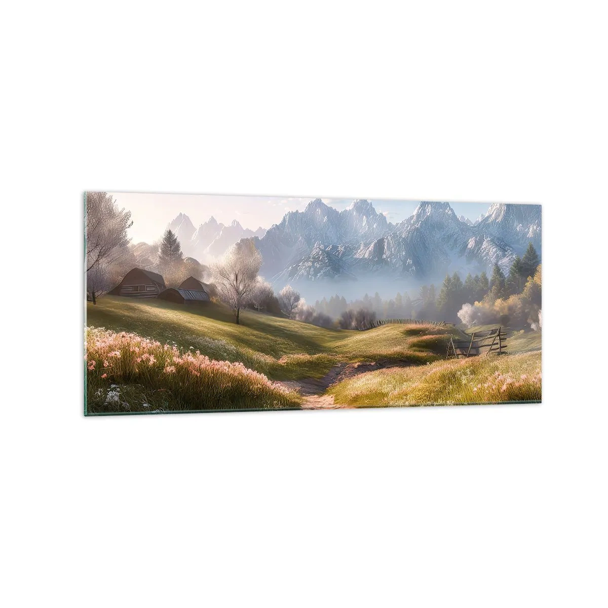 Glasbild - Bild auf glas - Ein Bergtal mit Wiesen, Hütten und Blick auf die Gipfel - 120x50cm - Idyllisches Tal - Moderne Wanddekoration für Wohnzimmer und Schlafzimmer ARTTOR