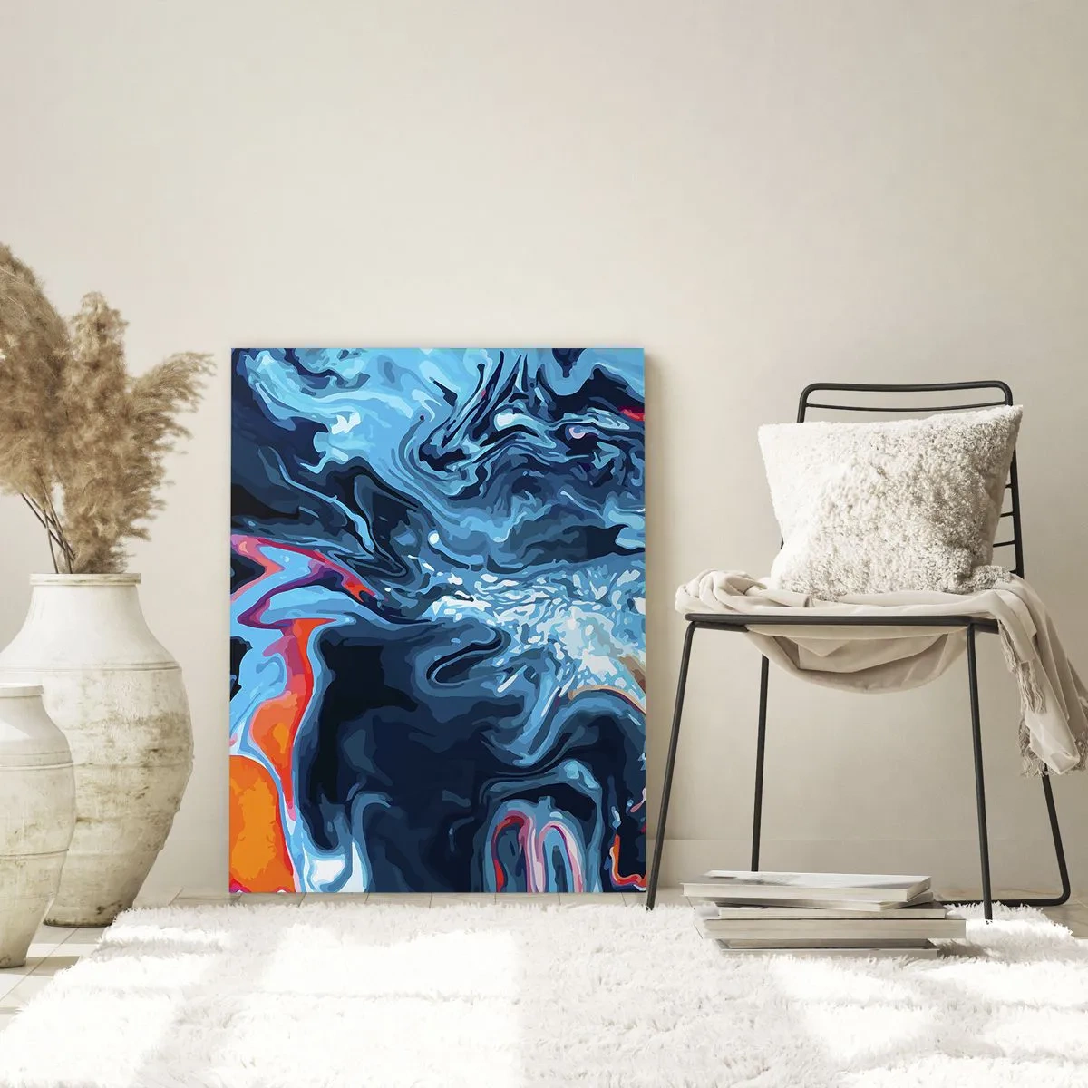 Glasbild - Bild auf glas - Ein abstraktes Muster in Blautönen mit orangefarbenen Akzenten. - 80x120cm - Reise ins Zentrum des Himmels - Moderne Wanddekoration für Wohnzimmer und Schlafzimmer ARTTOR